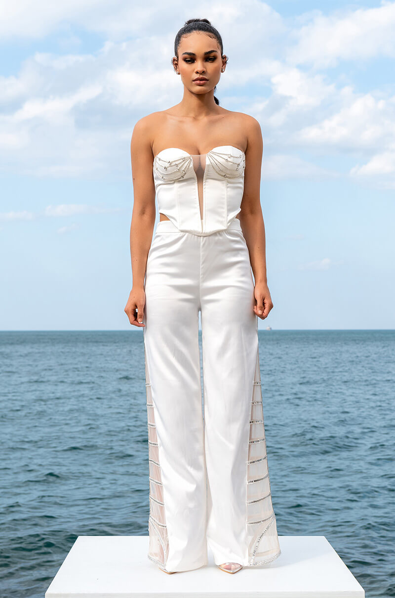 PREMIER RHINESTONE MESH PANEL SATIN WIDE LEG PANT