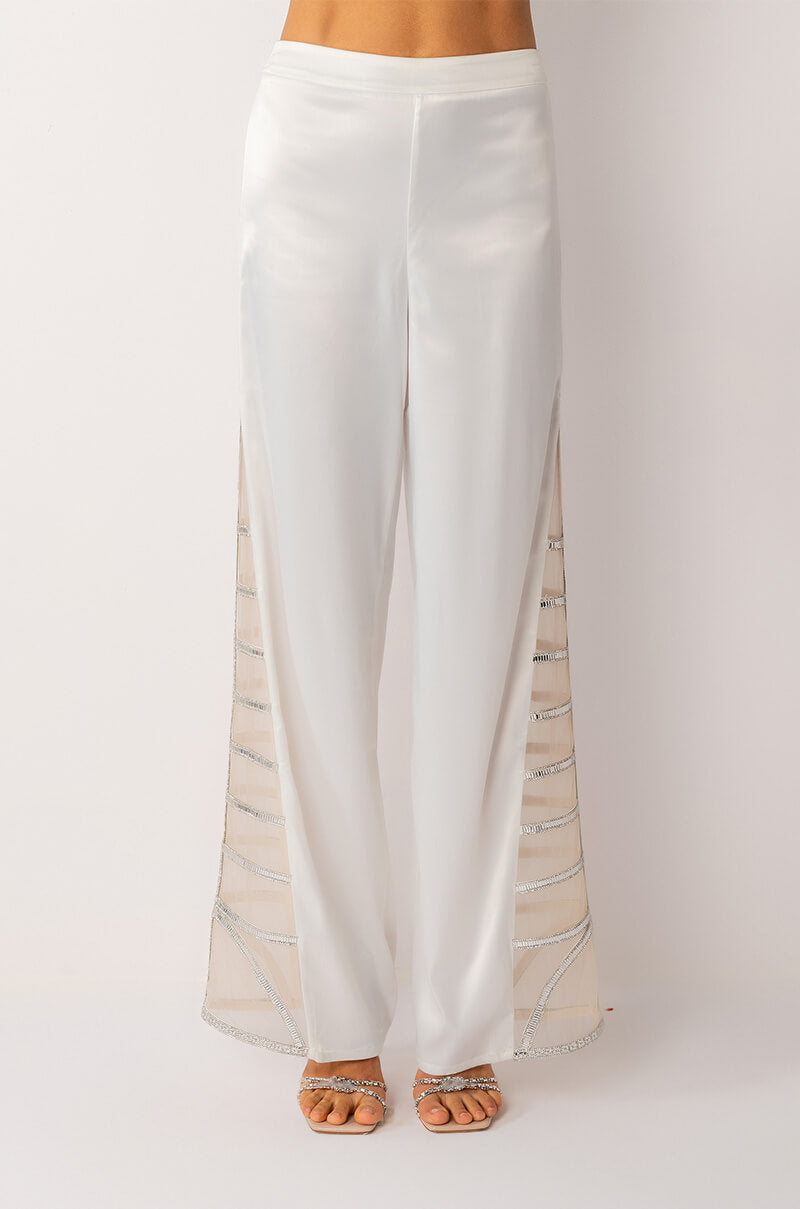 PREMIER RHINESTONE MESH PANEL SATIN WIDE LEG PANT