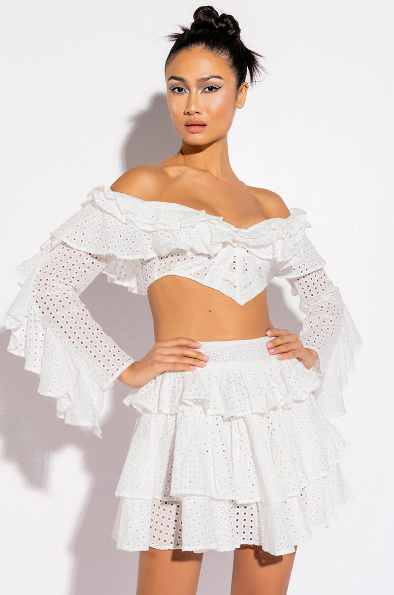 PRETTY LIL THANG EYELET RUFFLE MINI SKIRT