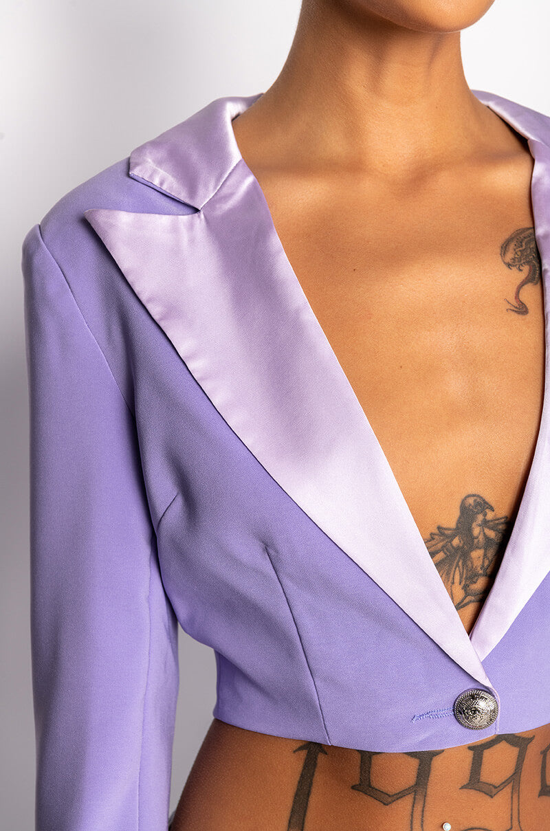 PRETTY THOUGHTS CROPPED BLAZER WITH SATIN LAPEL