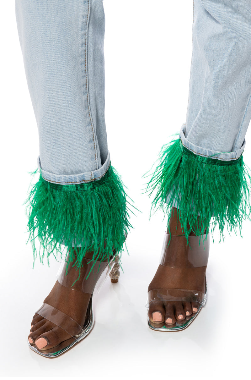 QUEEN OF EVERYTHING FEATHER DETAIL JEANS