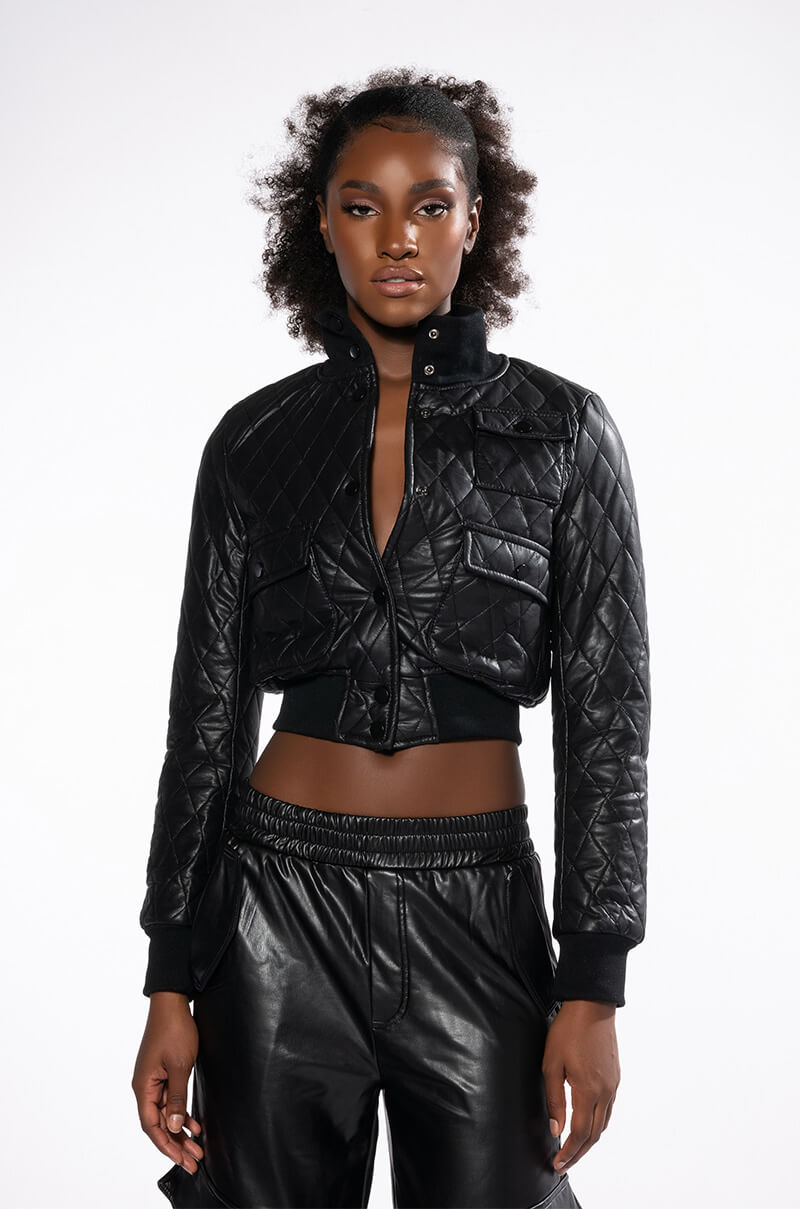 QUILTED CHOCOLATE PU BOMBER