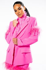 RAISE YOUR GLASS FEATHER TRIM BLAZER