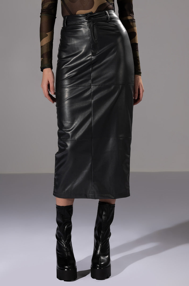 REAL TALK FAUX LEATHER MIDI SKIRT