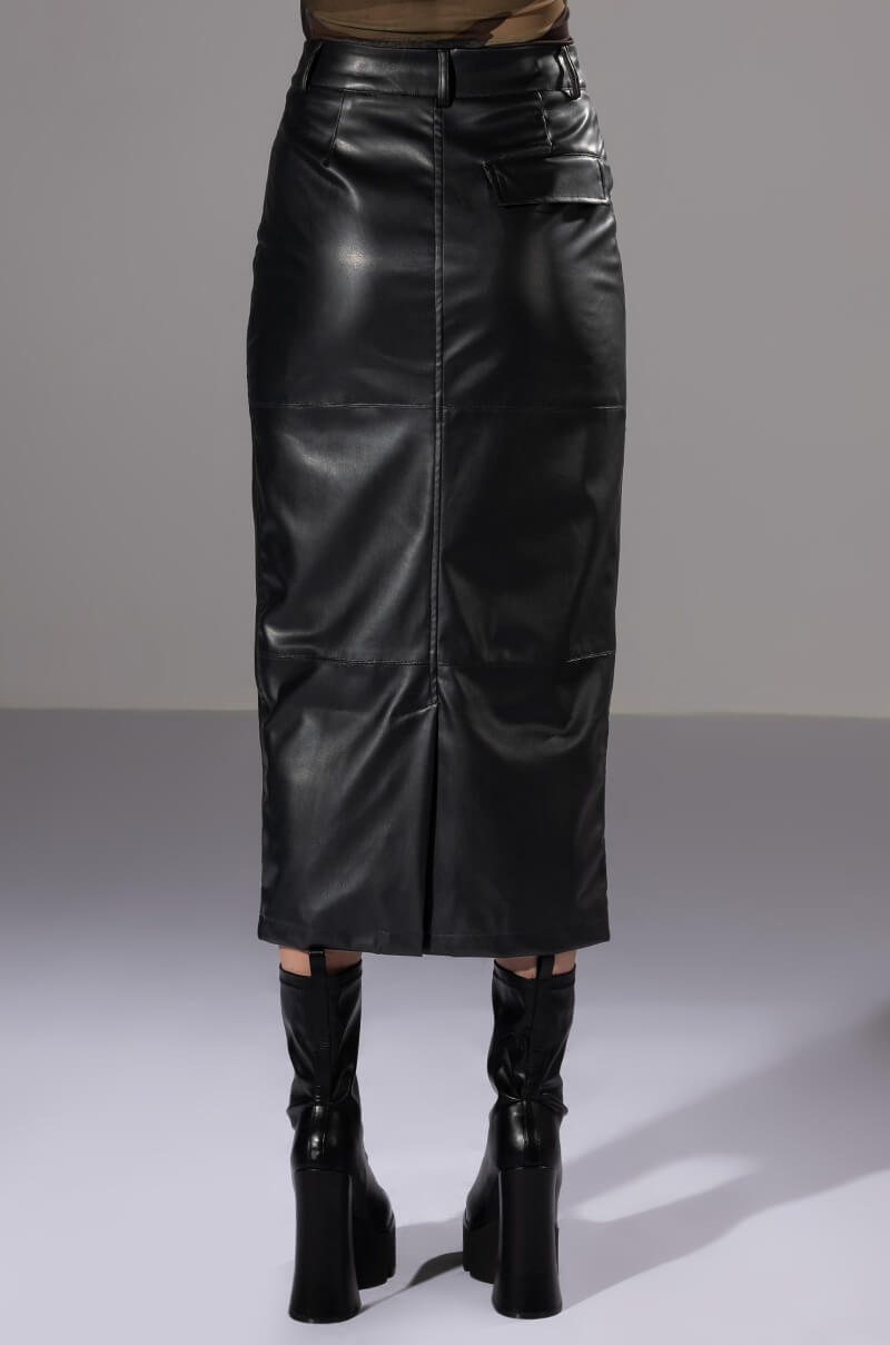 REAL TALK FAUX LEATHER MIDI SKIRT