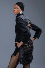 KELSI DISTRESSED BACK LONG DENIM JACKET