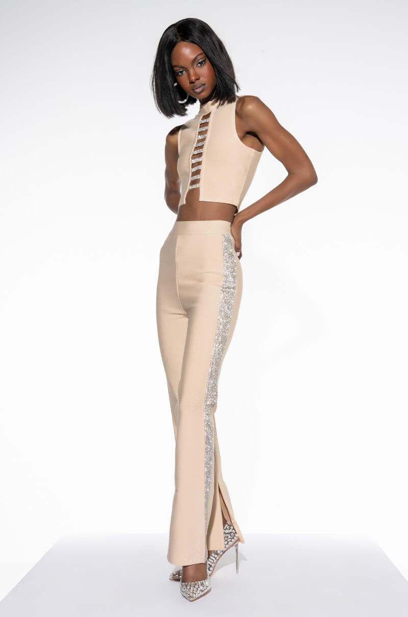 SORRY I'M LATE RHINESTONE BANDAGE PANT