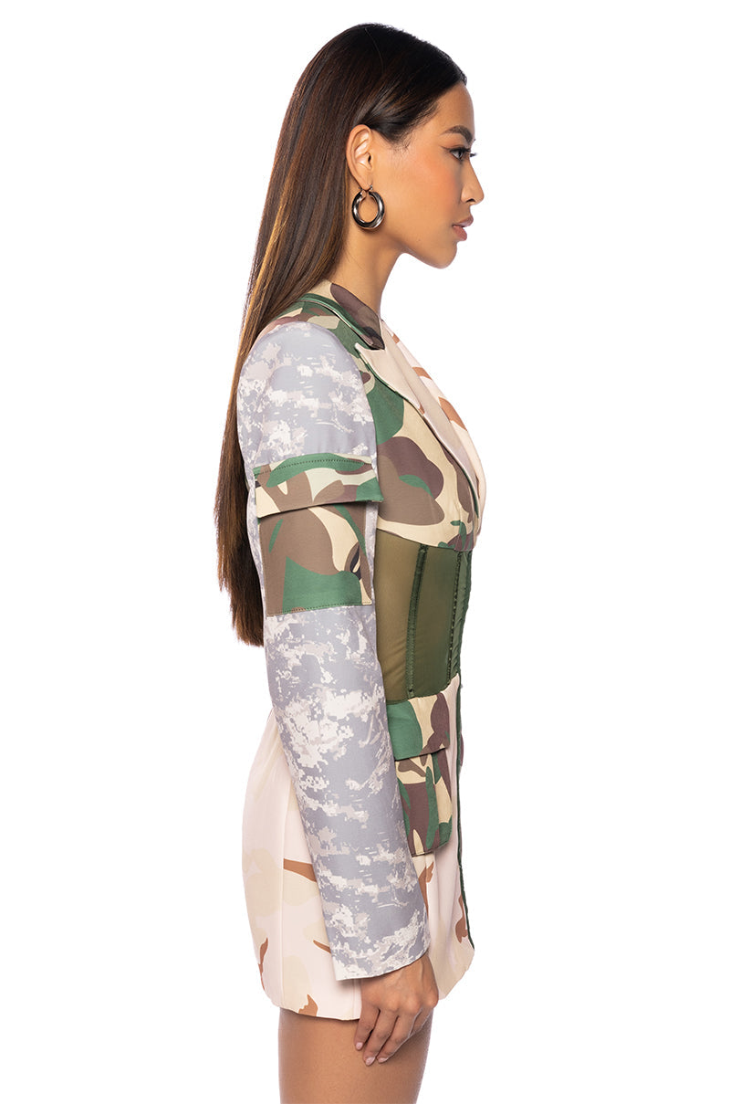 STRONG ONE PATCHWORK CAMO CORSET BLAZER