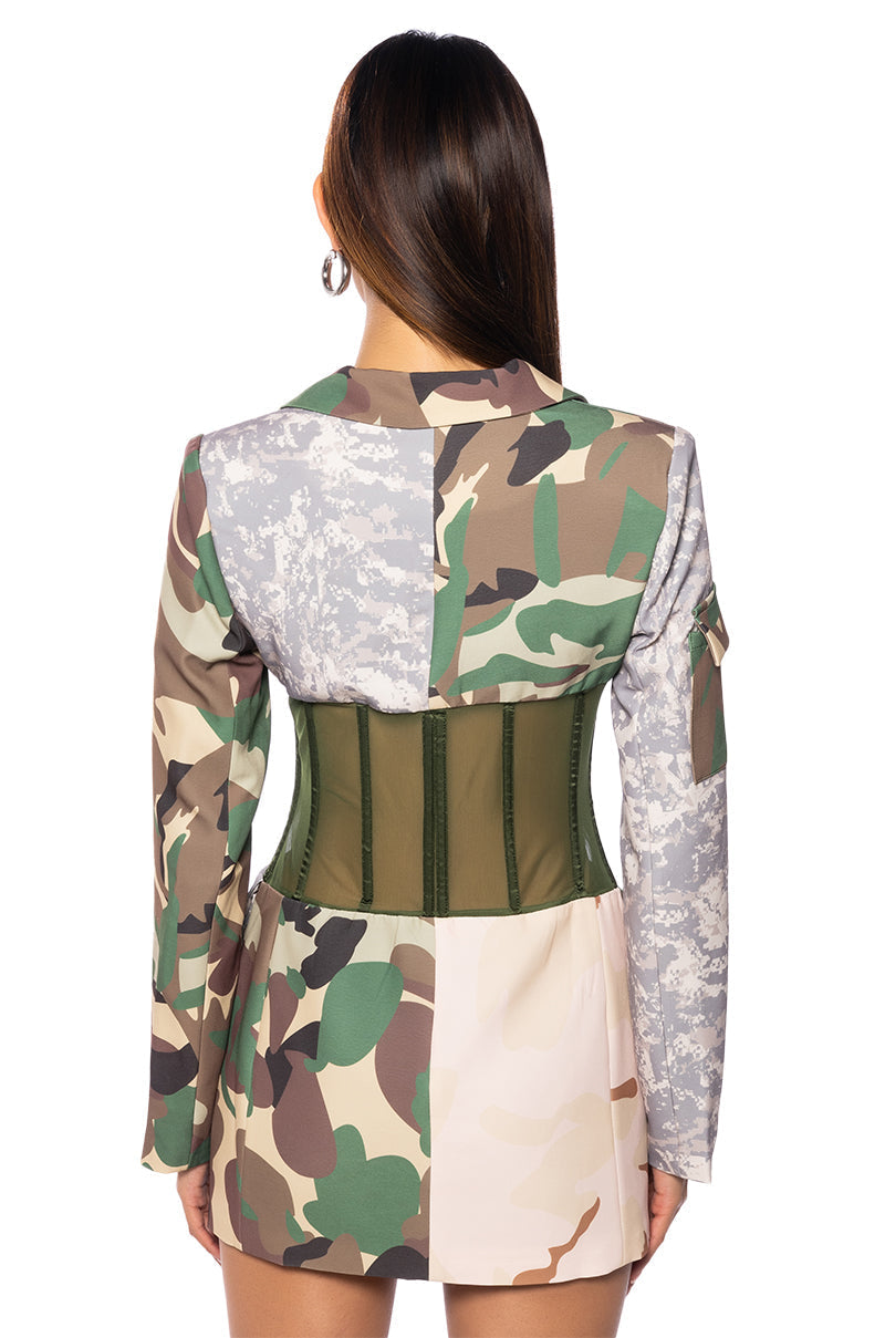 STRONG ONE PATCHWORK CAMO CORSET BLAZER