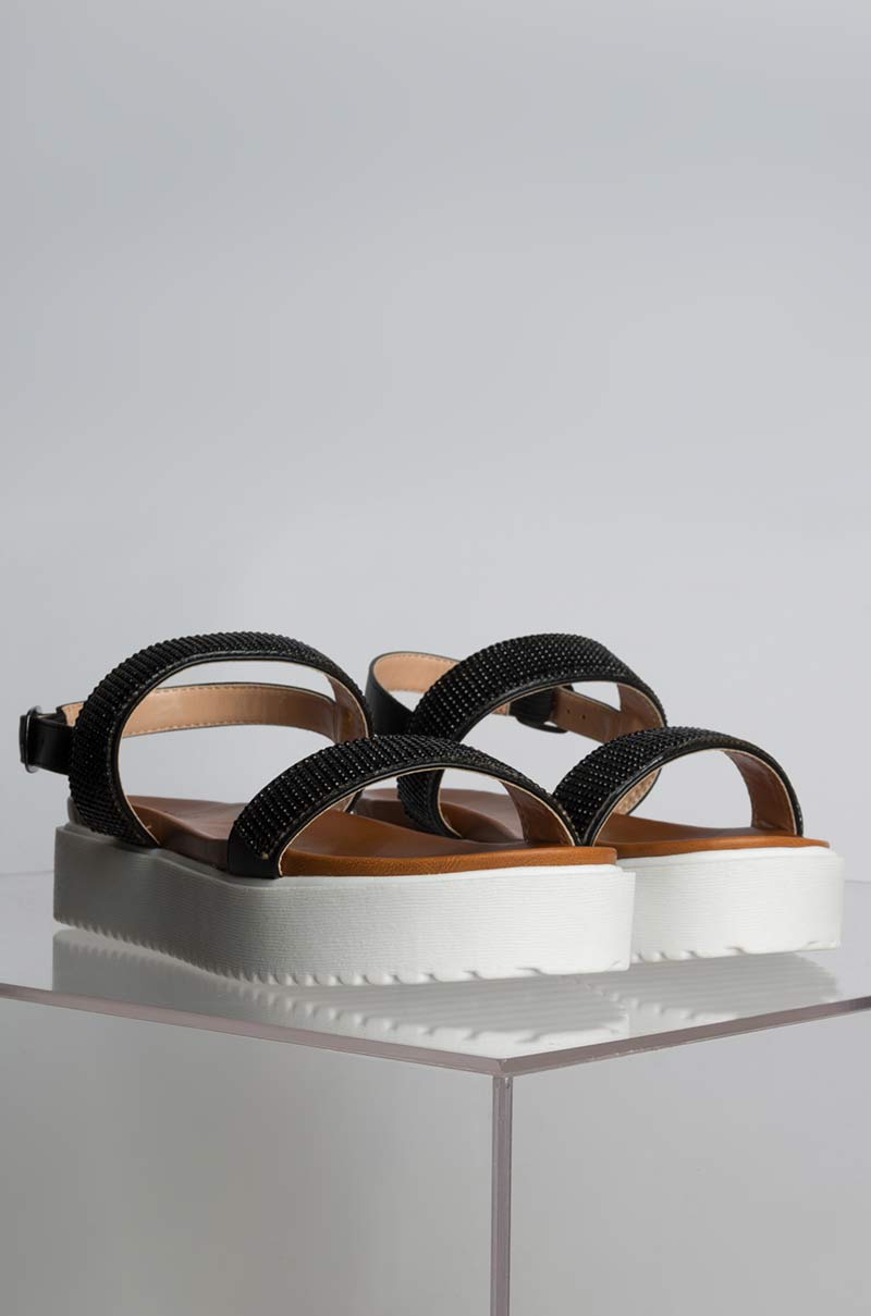 AZALEA WANG SUGAR AND SPICE EMBELLISHED TWO STRAP FLATFORM SANDALS BLACK