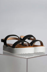 AZALEA WANG SUGAR AND SPICE EMBELLISHED TWO STRAP FLATFORM SANDALS BLACK
