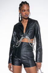 GWEN CROP PU JACKET WITH RHINESTONE TRIM