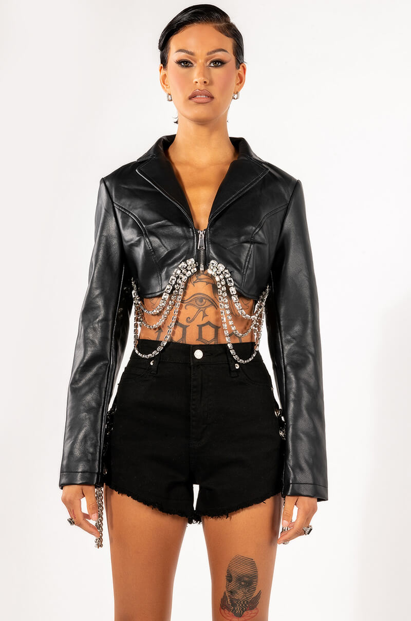 GWEN CROP PU JACKET WITH RHINESTONE TRIM