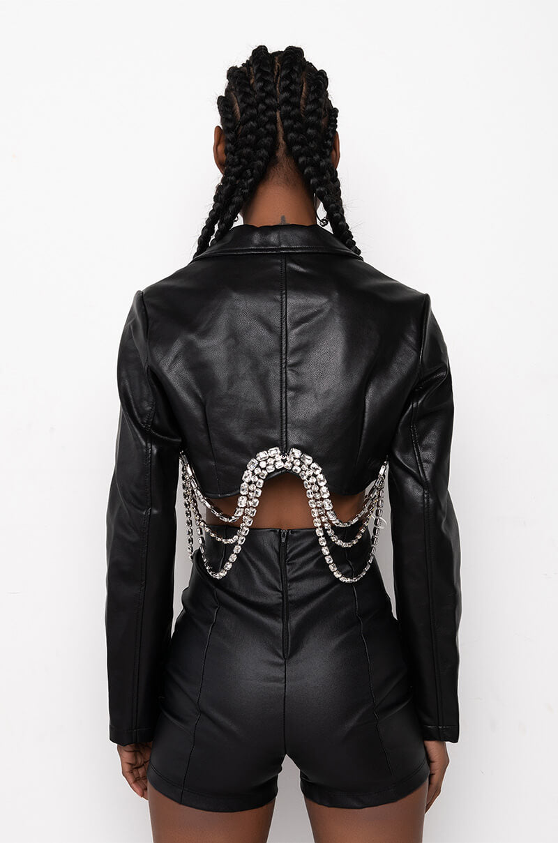 GWEN CROP PU JACKET WITH RHINESTONE TRIM