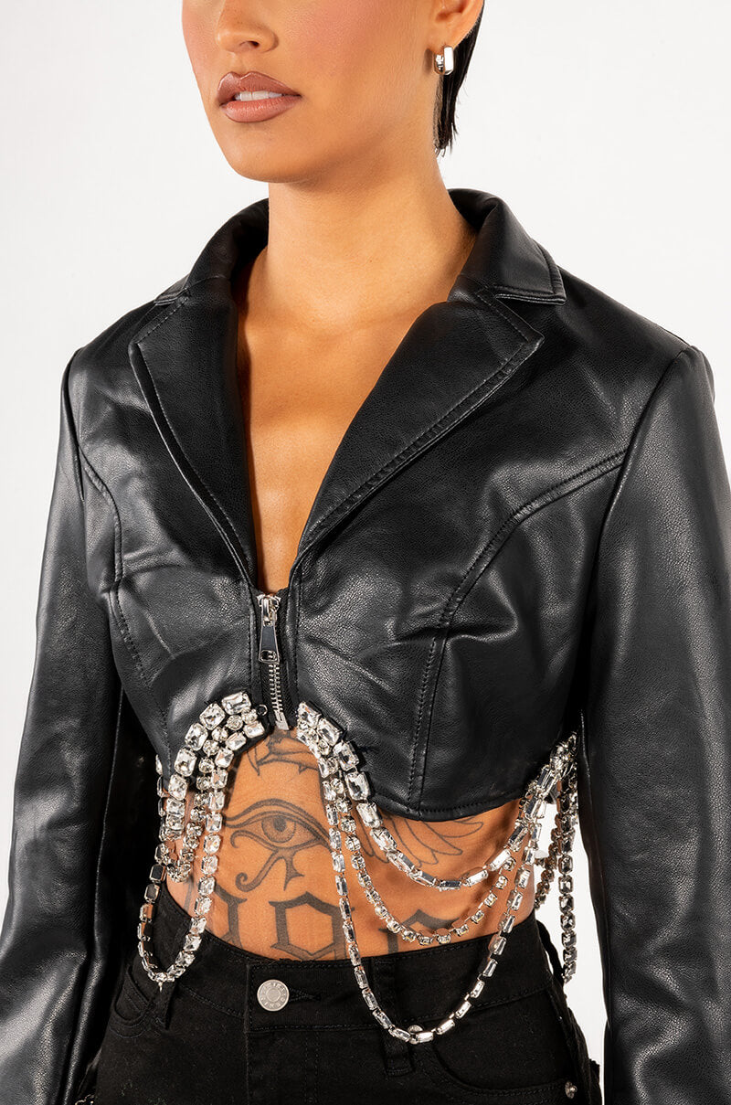 GWEN CROP PU JACKET WITH RHINESTONE TRIM