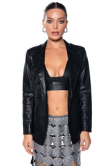 TE QUIERO FAUX LEATHER OPEN BACK BLAZER IN BLACK