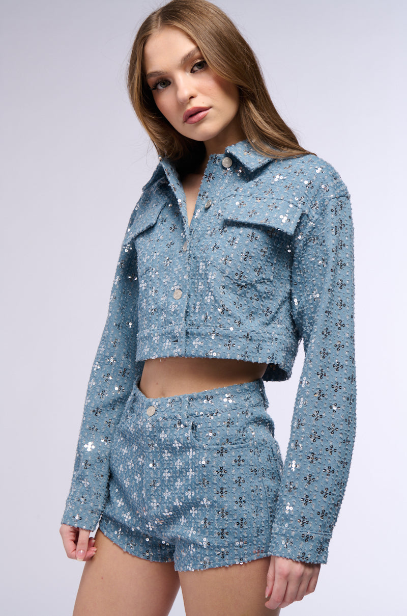 TEXTURED SEQUIN DENIM CROP JACKET