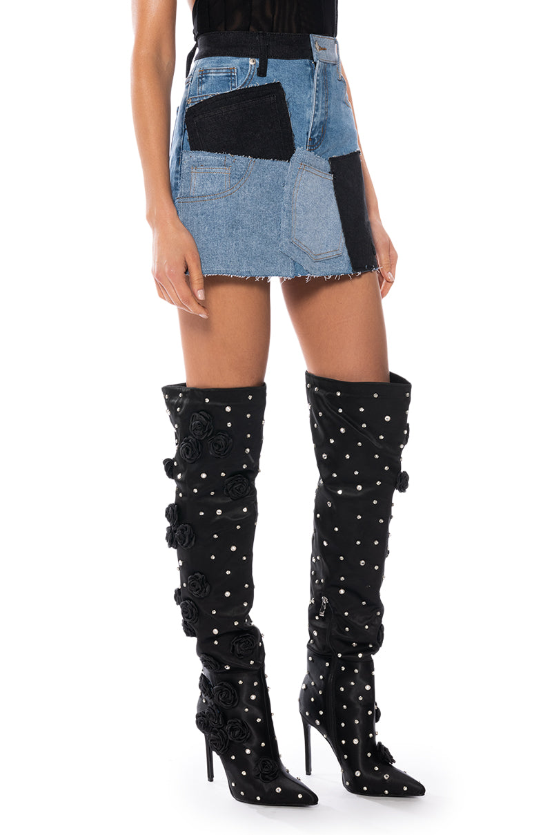 PATCHWORK DENIM MINI SKIRT