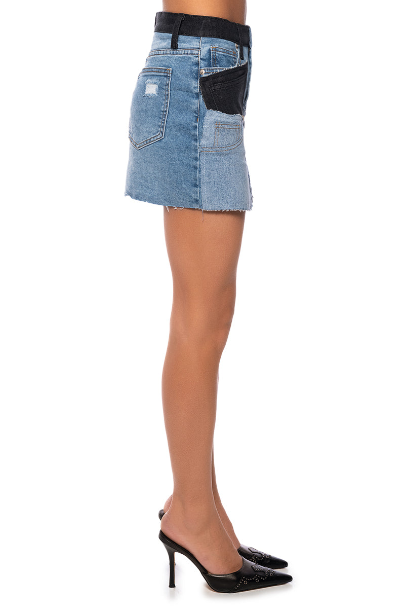 PATCHWORK DENIM MINI SKIRT