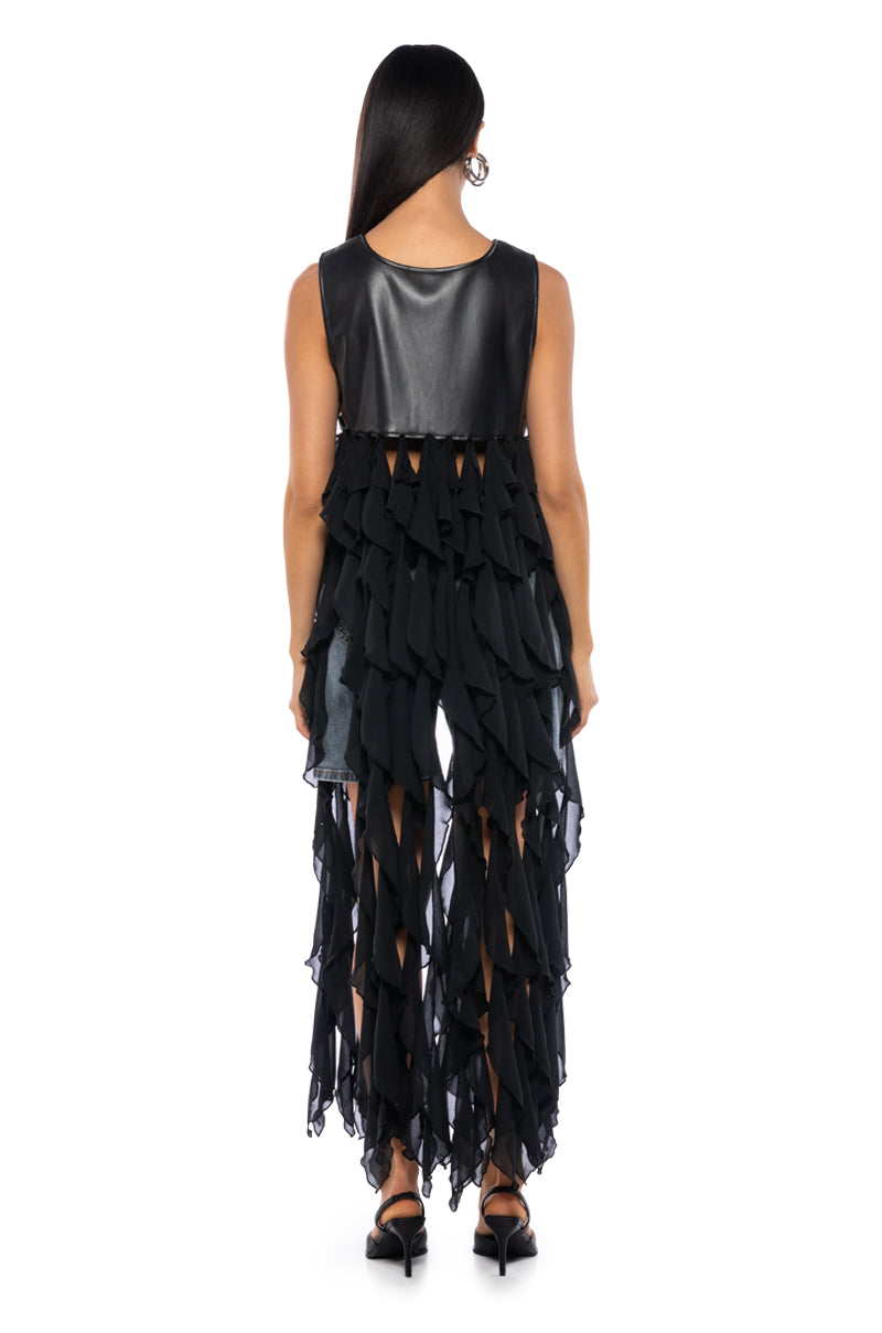 UH OH HONEY WATERFALL RUFFLE VEST IN BLACK