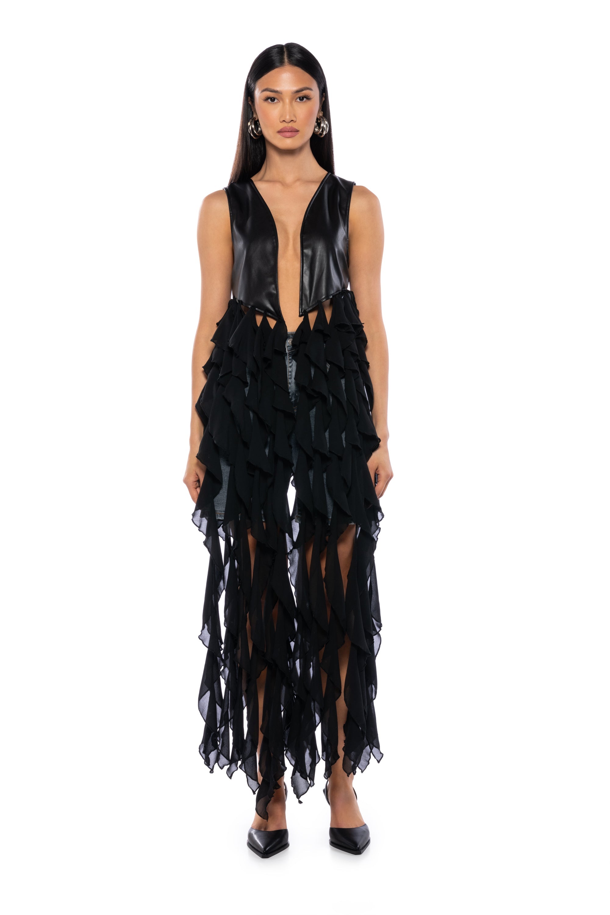UH OH HONEY WATERFALL RUFFLE VEST IN BLACK