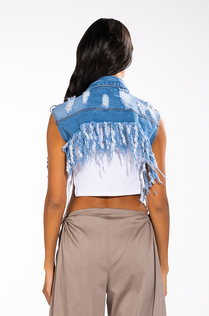 ULTRA CROP DENIM VEST WITH CHAINS AND PATCHES