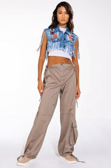 ULTRA CROP DENIM VEST WITH CHAINS AND PATCHES