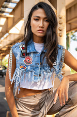 ULTRA CROP DENIM VEST WITH CHAINS AND PATCHES