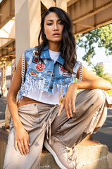 ULTRA CROP DENIM VEST WITH CHAINS AND PATCHES