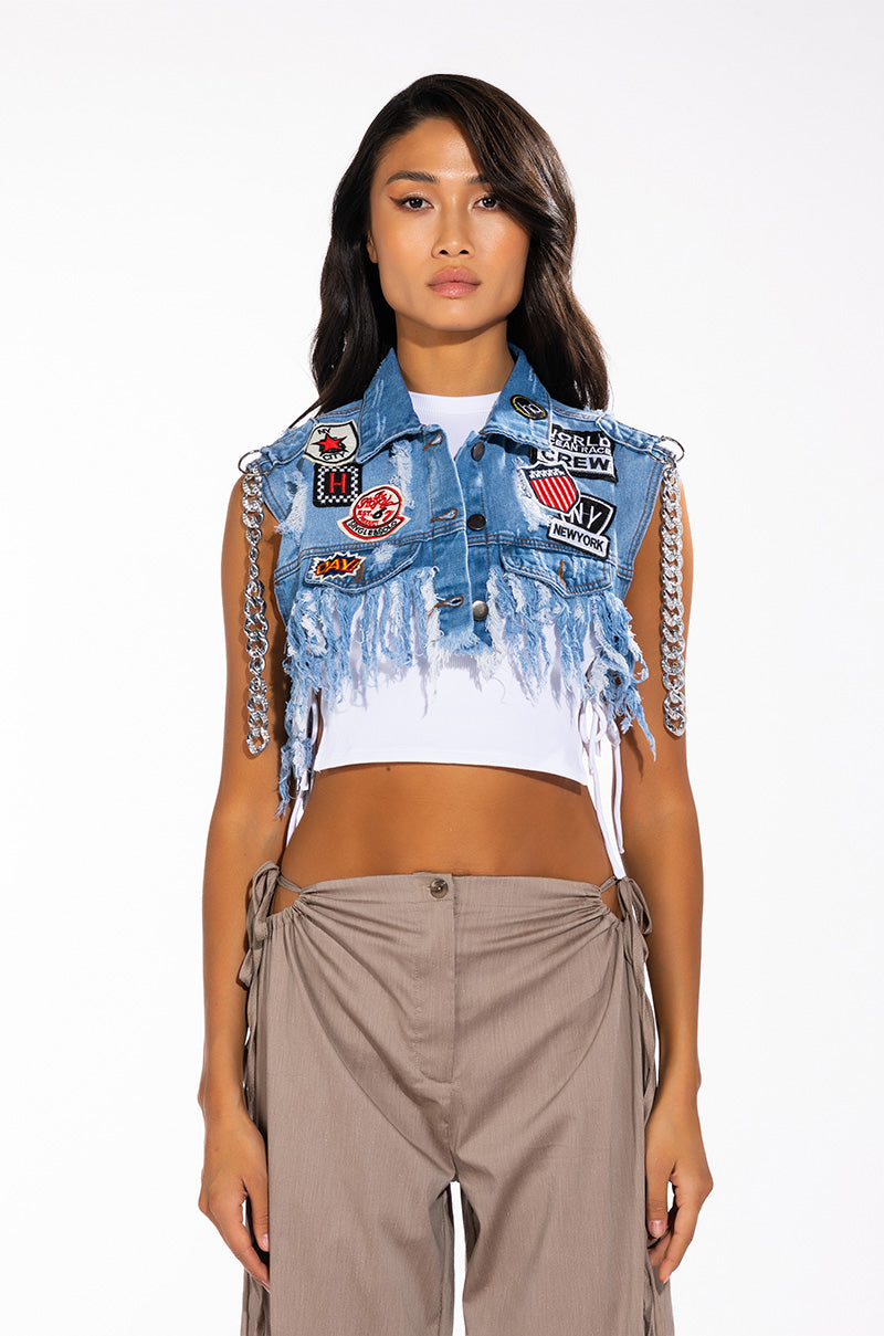 ULTRA CROP DENIM VEST WITH CHAINS AND PATCHES