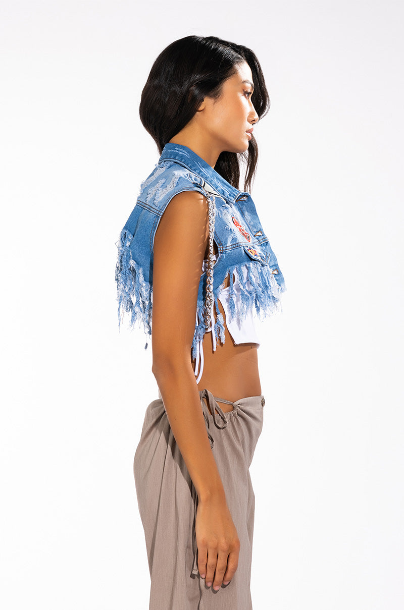 ULTRA CROP DENIM VEST WITH CHAINS AND PATCHES
