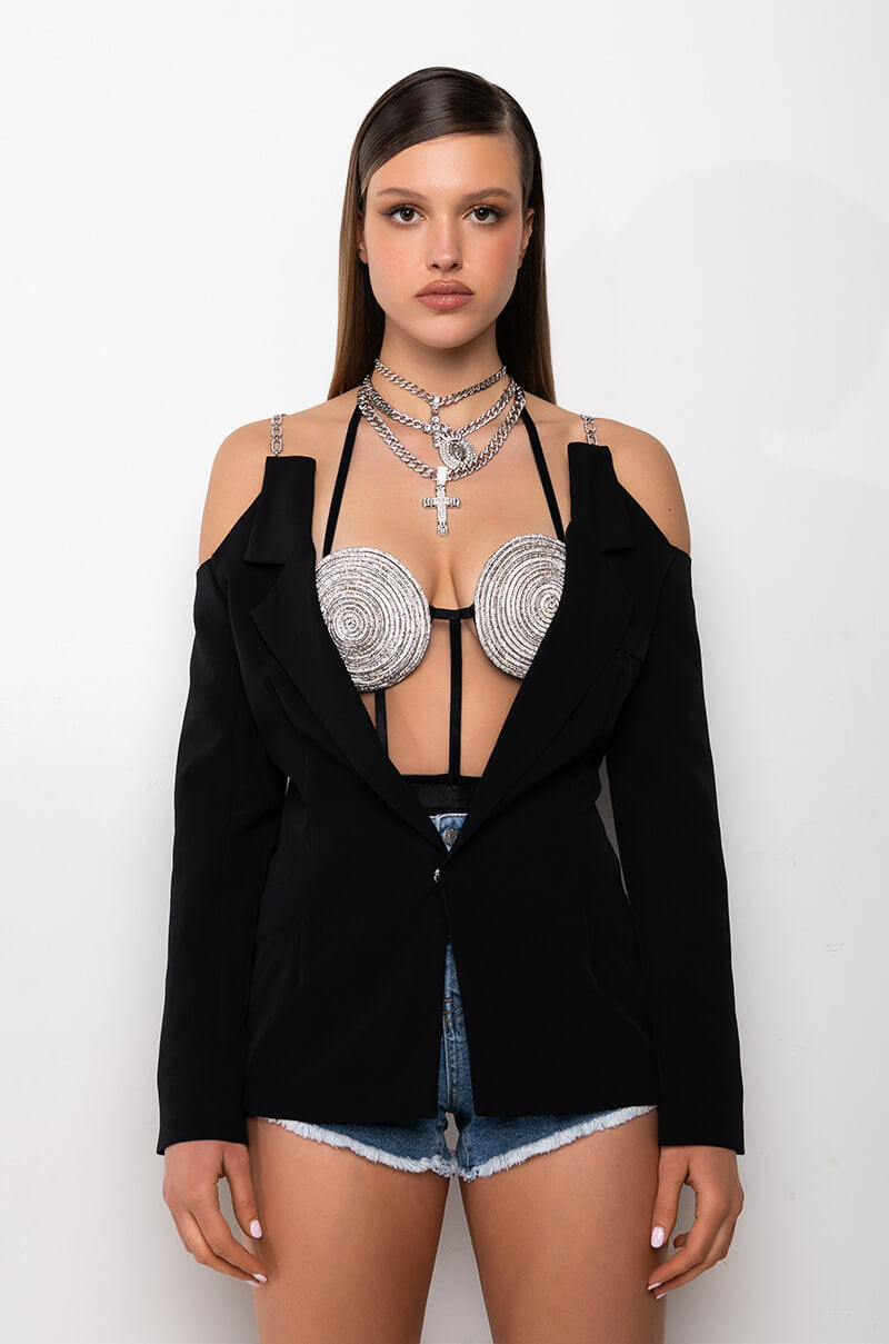OFF SHOULDER BLAZER WITH CHAIN STRAP