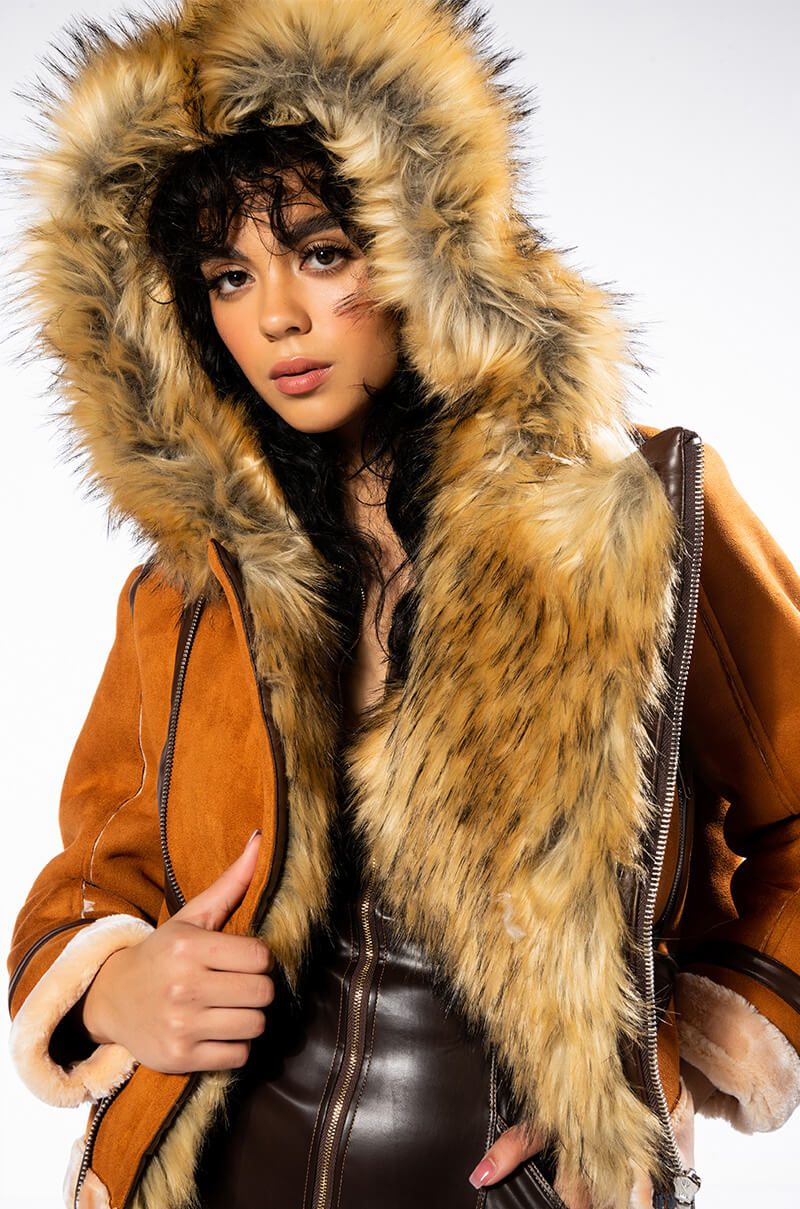 WE FOUND LOVE SUEDE COAT WITH FAUX FUR HOOD