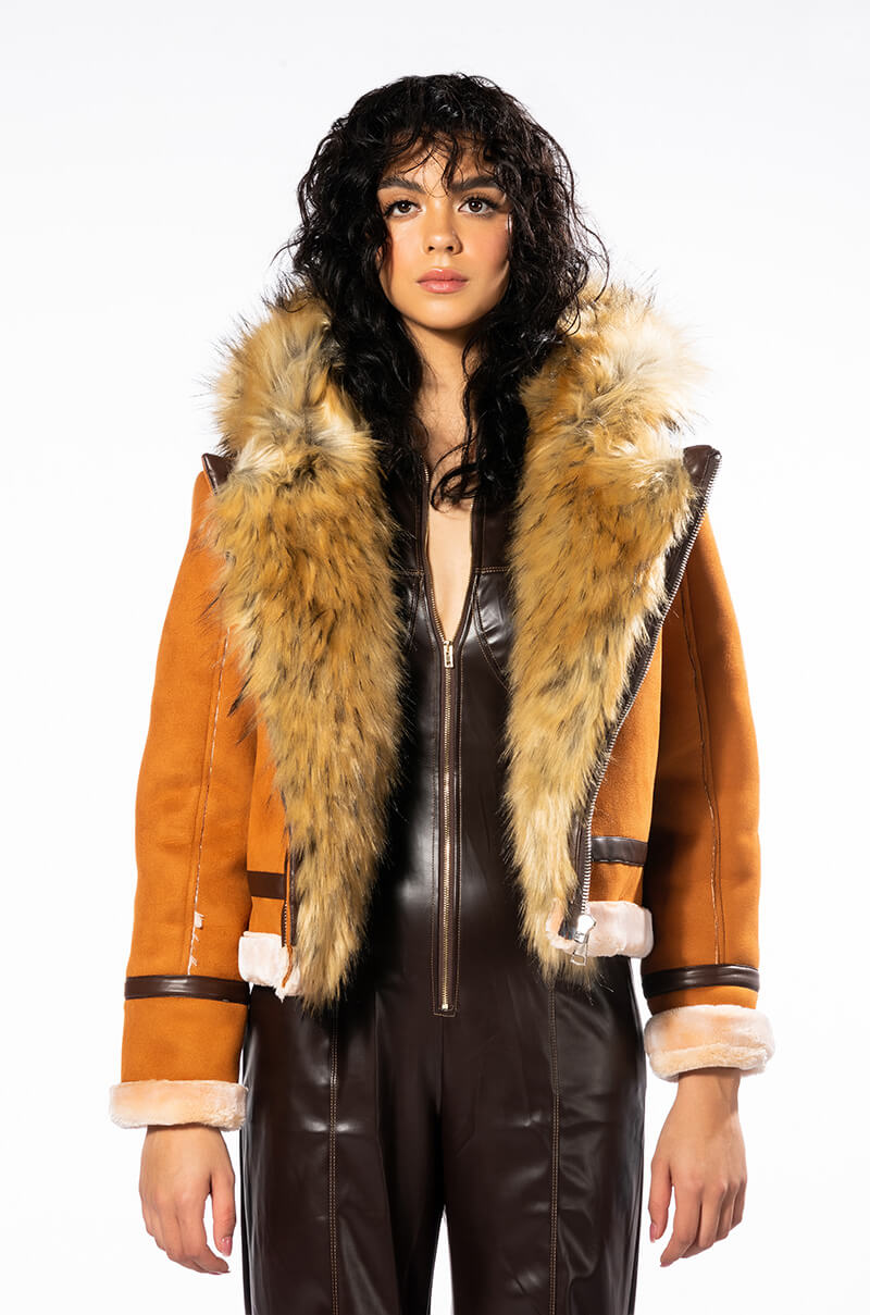 WE FOUND LOVE SUEDE COAT WITH FAUX FUR HOOD