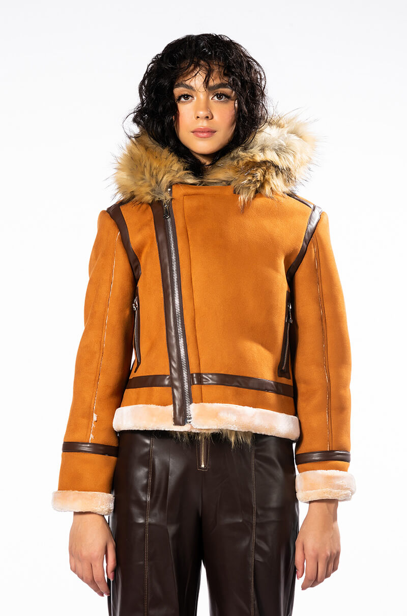 WE FOUND LOVE SUEDE COAT WITH FAUX FUR HOOD