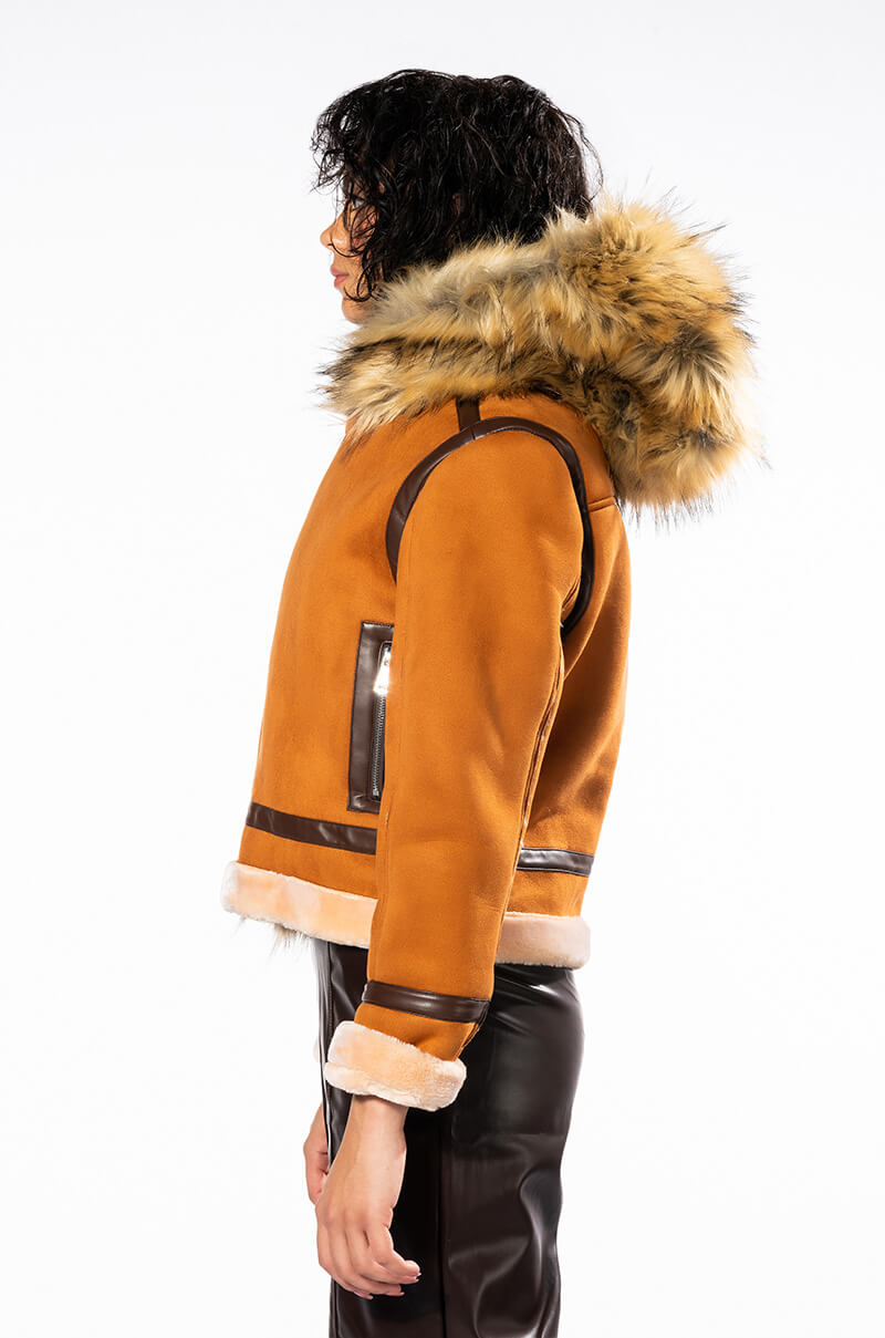 WE FOUND LOVE SUEDE COAT WITH FAUX FUR HOOD