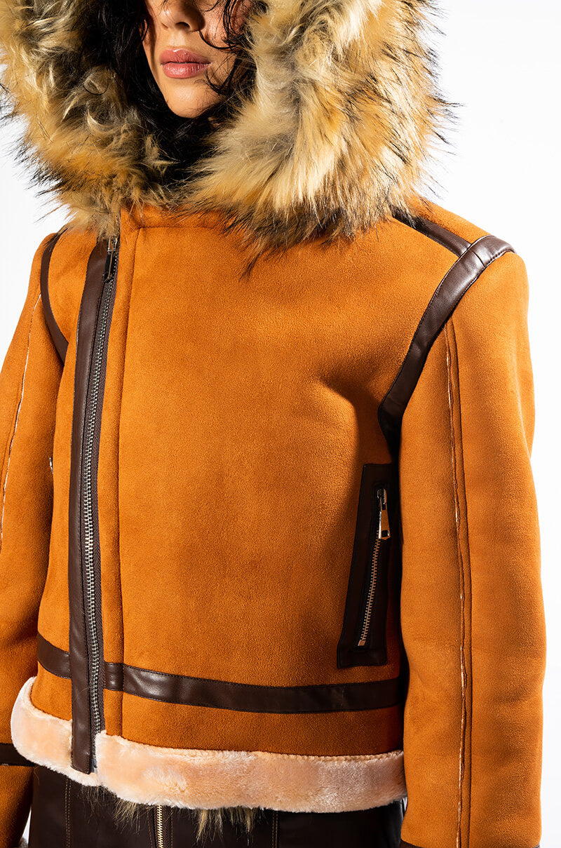 WE FOUND LOVE SUEDE COAT WITH FAUX FUR HOOD