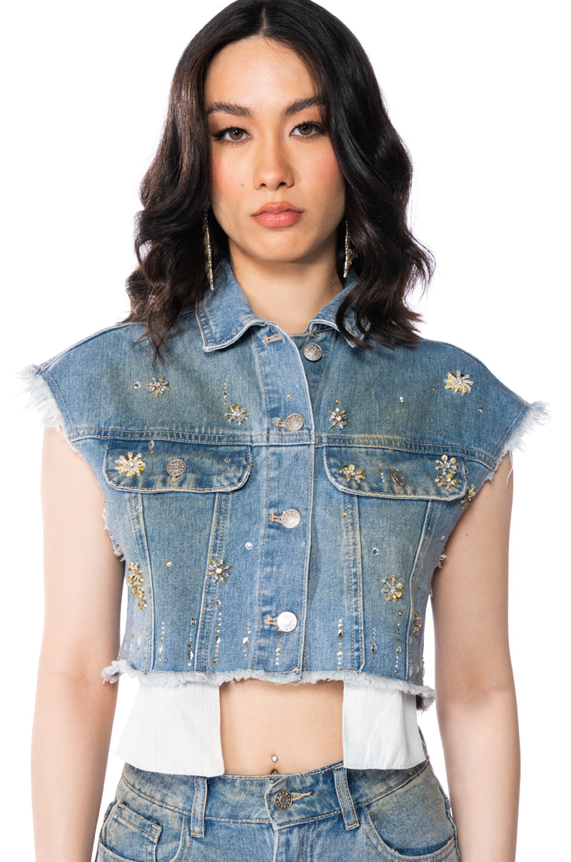 Y2K RHINESTONE MINI DENIM SKIRT
