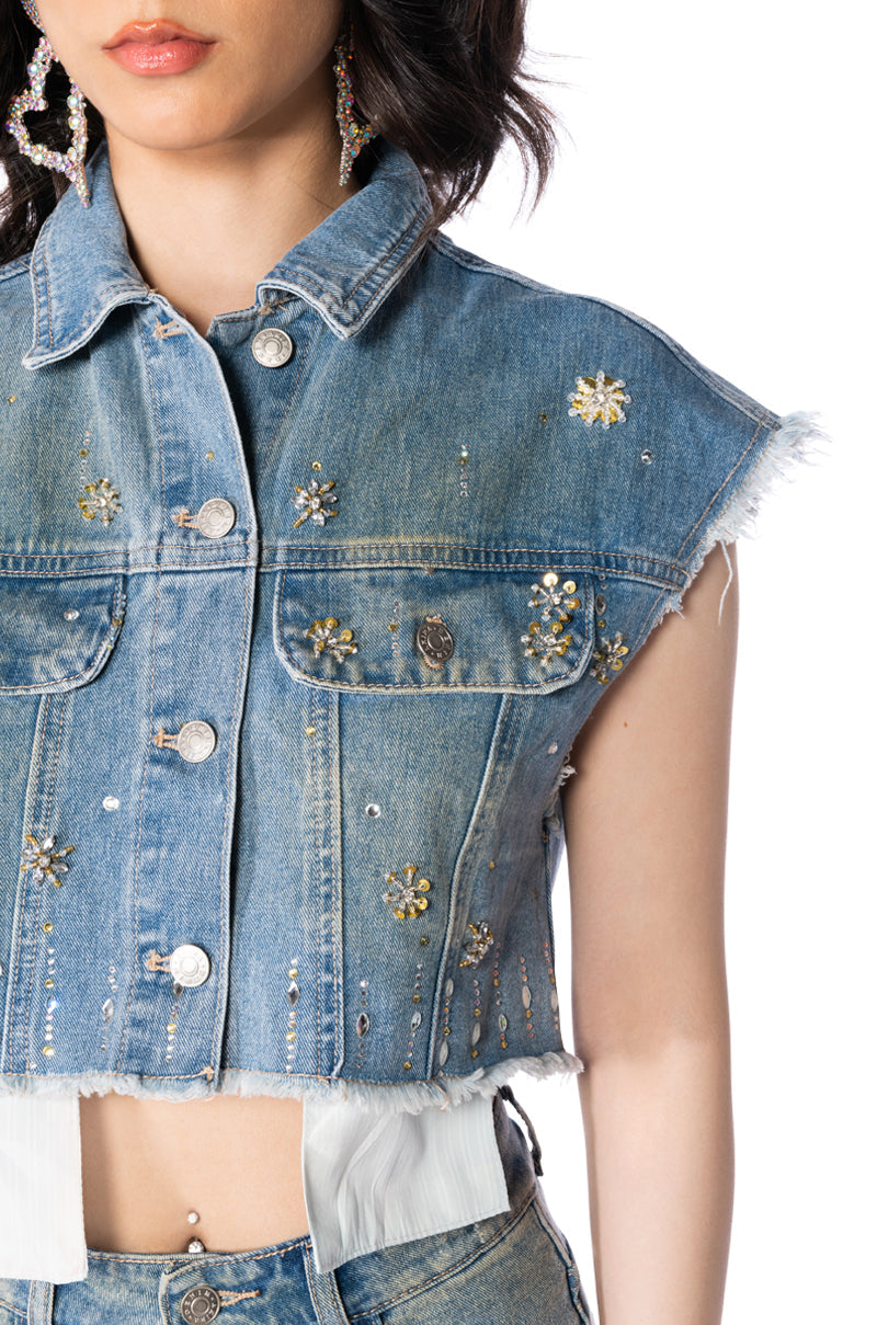 Y2K RHINESTONE MINI DENIM SKIRT